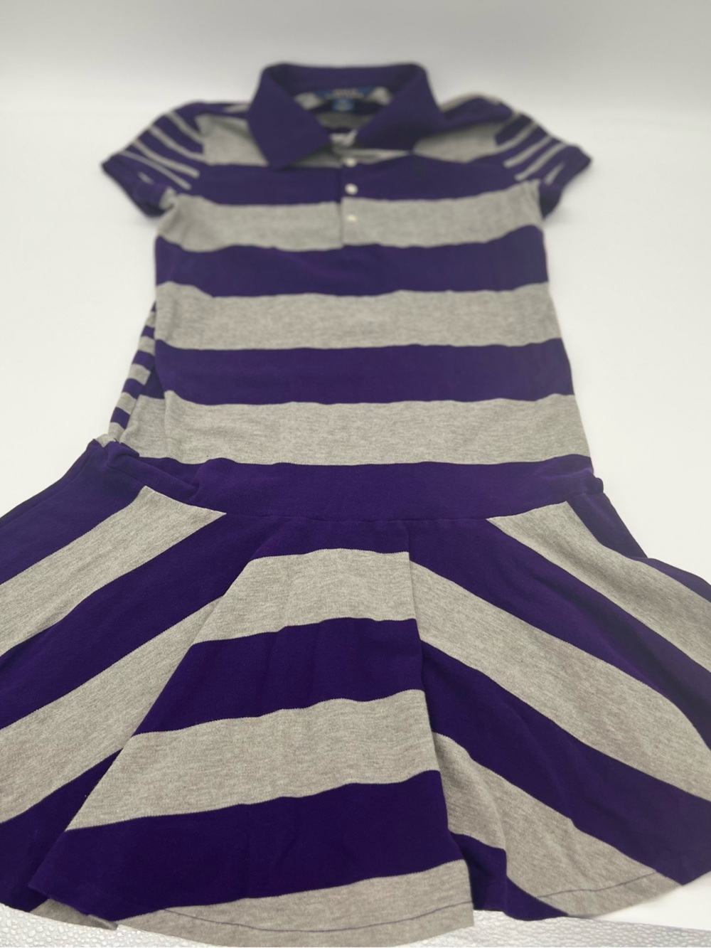 Polo Ralph Lauren Girls Striped Polo Dress w/ Ruffle Hem Purple Gray Sz L 12/14